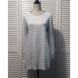 Chico's Ribbed Tunic Top Womens (2) Large Gray White Striped Side Button Detail